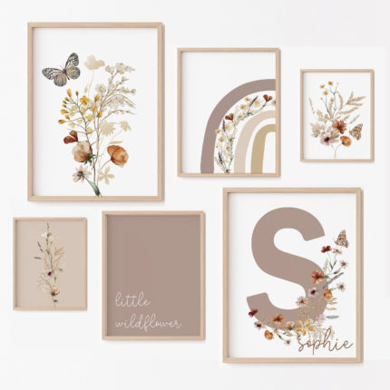 Girls Nursery Floral Personalised Little Wildflower Boho Multi Size Six Print Set Browns