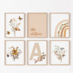 Girls Nursery Floral Personalised Little Wildflower Boho Six Print Set Beige