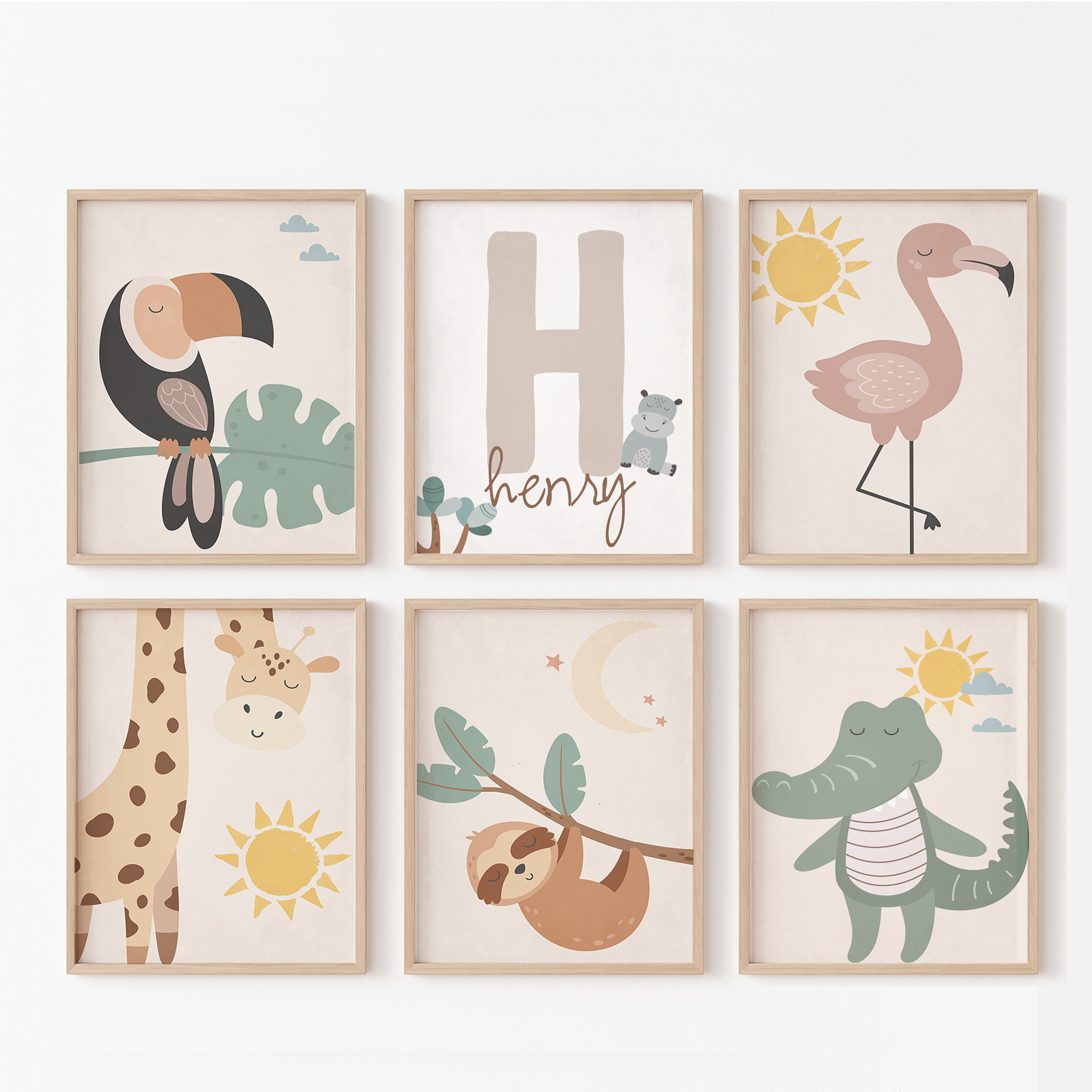 Boys Personalised Jungle Theme Nursery Wall Art Set Ink Wood and Paper