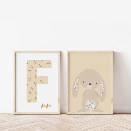 Girls Nursery Wall Art Personalised Rabbit Floral Beige Print Set