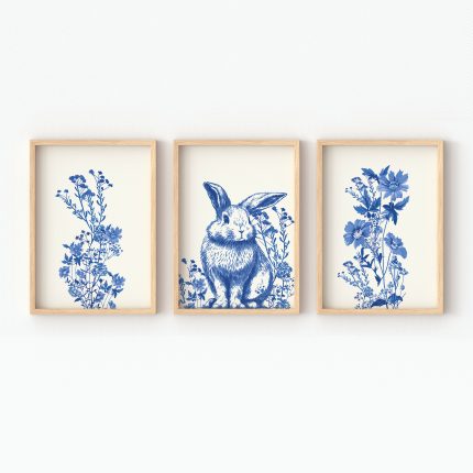 Set of Three Blue Toile French Style Prints incldung flowers and a rabbit