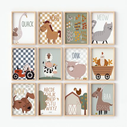 Farm Animal Gingham Check Gallery Wall Art Print Set Download