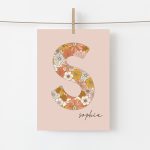Letter Print Girls Retro Floral Wall Art Pink