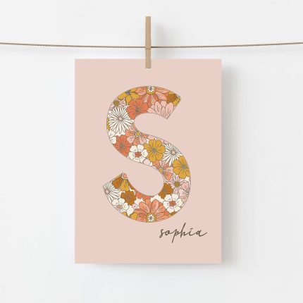 Letter Print Girls Retro Floral Wall Art Pink