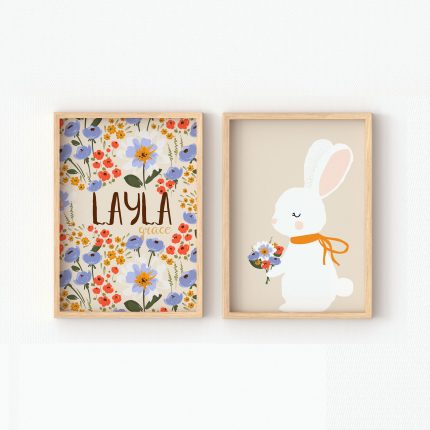 Girls Scandi Folk Art Style Floral Name Bunny Woodland Print