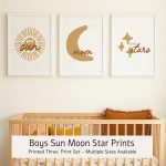 Sun Moon and Stars Wall Art Trio – Neutral Boho Nursery Prints for Boys