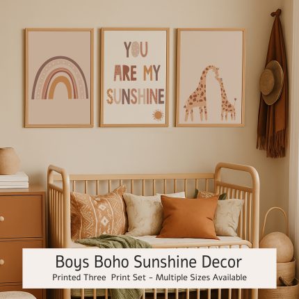 Neutral Boys Nursery Wall Art Set of 3 Prints Giraffe, Rainbow & “You Are My Sunshine” in Earthy Tones