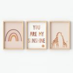Neutral Boys Nursery Wall Art Set of 3 Prints Giraffe, Rainbow & “You Are My Sunshine” in Earthy Tones - Image 2